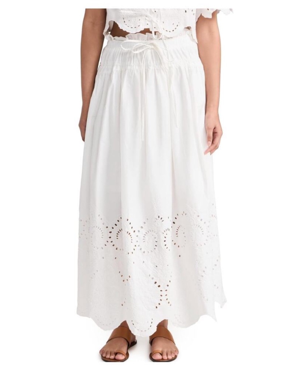 Moon River White Eyelet Midi Skirt with Scalloped Hem